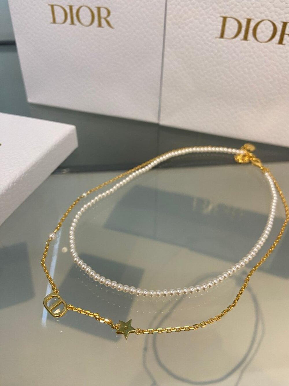Dior Gold-Tone Pearl and Chain Double Necklace with CD Star Charms
